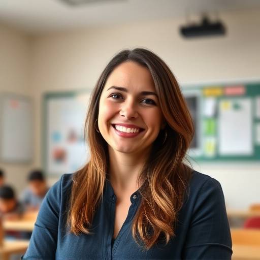 Foto de Isabela Rodríguez, professora de espanhol, sorrindo em uma sala de aula.