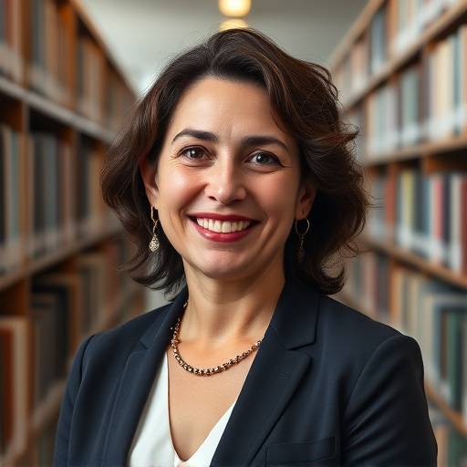 Foto de perfil da Professora Isabela Costa, sorrindo em um ambiente de biblioteca.