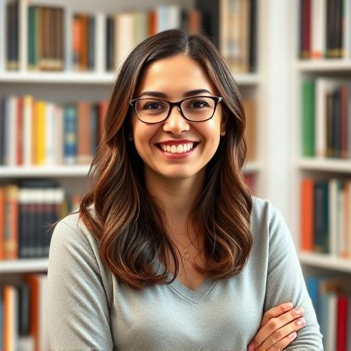Foto de perfil de Ana Carolina, professora de inglês sorrindo em frente a uma estante de livros.