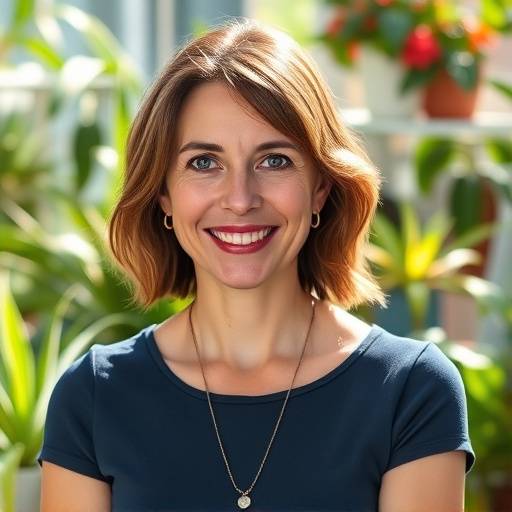 Foto de perfil de Sophie Dubois, professora de francês, em um ambiente iluminado com plantas ao fundo.