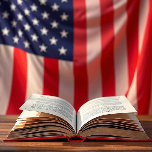 Livro aberto com a bandeira dos Estados Unidos ao fundo, representando o curso de inglês.