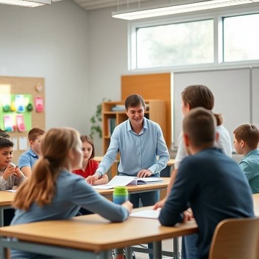 Sala de aula com alunos e professor interagindo, representando o ambiente de aprendizado.