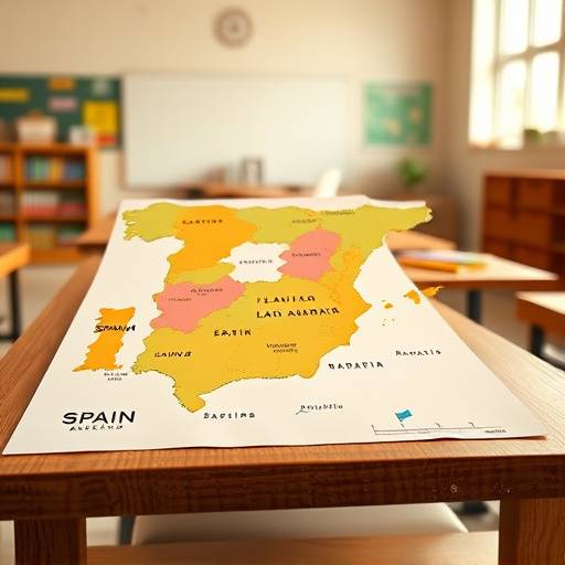 Um mapa da Espanha e da América Latina sobre uma mesa, representando o curso de espanhol.