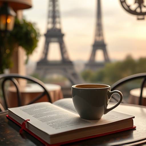 Uma xícara de café e um livro com a Torre Eiffel ao fundo, representando o curso de francês.